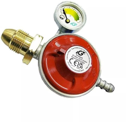 Propane Gas Regulator with Manometer | 37 mbar Low‑Pressure LPG Regulator | POL Handwheel Connection | 1.5 kg/h Flow | 8 mm Hose Tail | Leak‑Test Gauge for BBQs, Patio Heaters & Outdoor Appliances