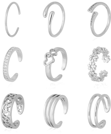 Mikovivi 9pz Anelli per Dita dei Piedi Donna, 9 Modelli di Anelli Regolabili Dita Aperte Gioielli Delicati per i Piedi Decorazioni Estive Scarpe da Spiaggia (Argento)