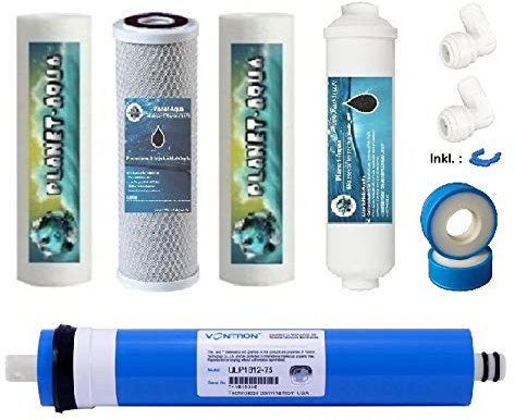 Planet-Aqua Osmose Ersatzfilter Set 10 Zoll RO5 mit 50 GPD Membran und Anschlusszubehör für den Aktivkohle Nachfilter. Filterkartuschen und Filterpatronen für die Umkehrosmose Osmoseanlage