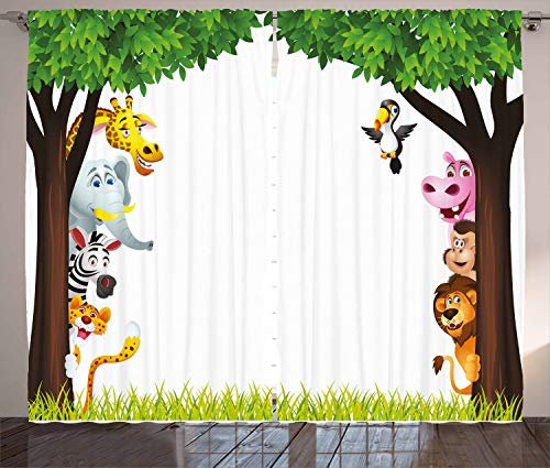 ABAKUHAUS Kindergarten Rustikaler Vorhang, Bäume Freundlich Jungle, Wohnzimmer Universalband Gardinen mit Schlaufen und Haken, 280 x 225 cm, Grün Braun