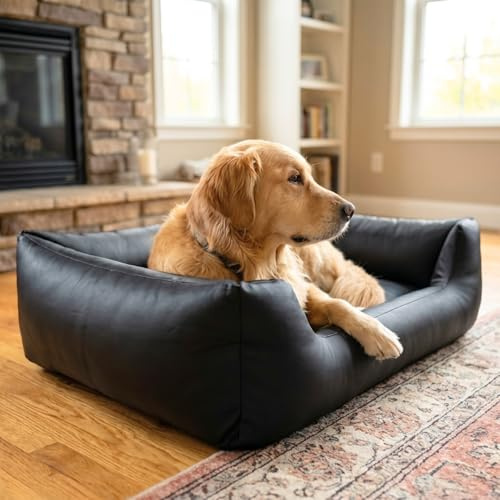4L Textil MARIO Ortopedisk Hundbädd & Hundsäng i Konstläder – Vattentät Memory Foam Hundbädd – Slitstark & Reptålig – Lätt att Rengöra – För Inomhus & Utomhus (Svart, 140x110 cm)