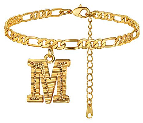 ChainsHouse Damen gold Sommer Strand Fußkettchen mit Buchstabe M Anhänger Mädchen Figarokette Fußkette Modeschmuck Fußschmuck für Valentinstag Geburtstag