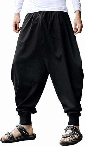 AITFINEISM Pantalones Tipo harén, Hippie, Aladdin, con cordón, para Hombre, Holgados, con Entrepierna caída, Negro-2, Medium
