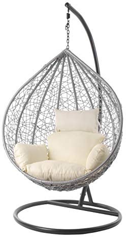 Kideo® Komplettset: großer Hängesessel mit Gestell & Kissen, Lounge Möbel, Poly-Rattan, XXL, grau (Kissen: Elfenbein Nest (0050 Ivory))