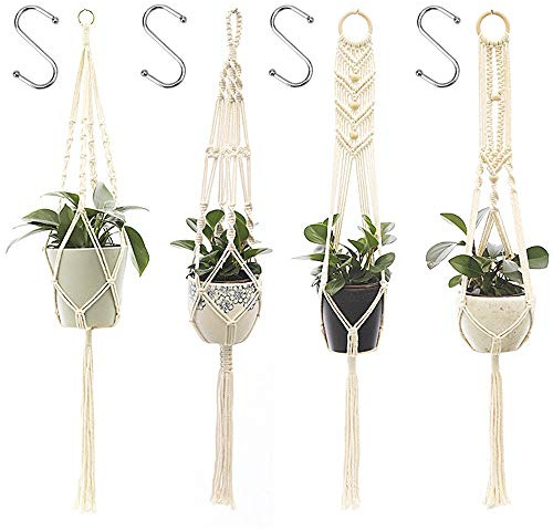 Kaxich 4Stk Makramee Blumenampel Pflanzenhanger Baumwollseil Pflanzen Halter Boho für Innen Außen Decken Balkone Wanddekoration Home Decor