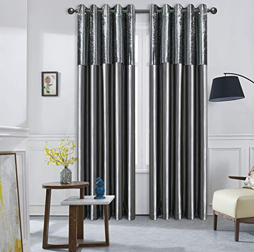 ROOEE Crushed Velvet Faux Silk Curtains - Eyelet Ring Top and Fully Lined (Charcoal Grey, 66 Wide x 54 Drop)