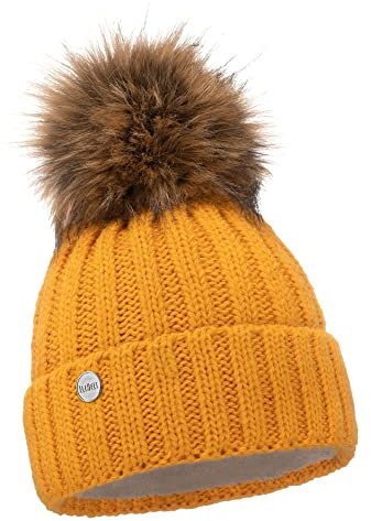 ELIMELI Mütze Damen Winter warme Strickmütze Wintermütze mit Kunstfell Bommel Slouch Strick Beanie Damen für Winter Bommelmütze Hergestellt in EU Farbenauswahl 14536 (Senfgelb)