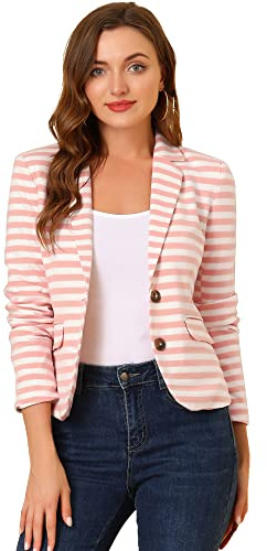 Allegra K Women's Notched Lapel Pocket Button Closure Striped Blazer Medium White Pink