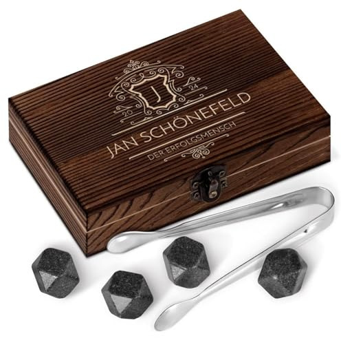 Maverton Whisky Steine Set - in Holzbox - personalisiert - 6 Eiswürfel + Zange + Velourbeutel - Kühlsteine - wiederverwendbar aus Granit - für Herren - Erfolg