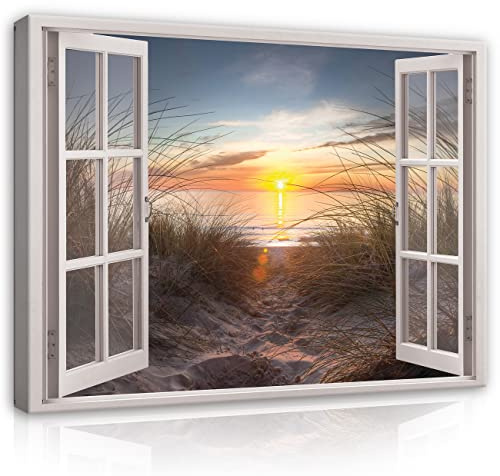 WallArena Leinwand Bilder 100x75 cm | Fensterbilck Strand Meer Nordsee Fenster, Format: 100x75 cm (BxH) - einteilig auf Canvas Leinwand. Das Leinwand Bilder