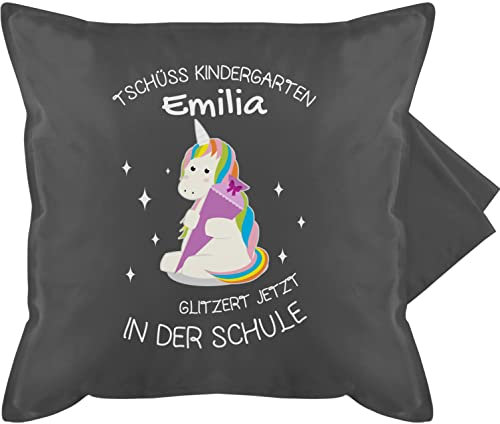 Kissenbezug - Einschulung Kissen - Einhorn Tschüss Kindergarten Schultüte Lila - 50 x 50 cm - Grau - personalisierte geschenke mädchen schulanfang sitzkissen schule schulkind kita kissenhülle
