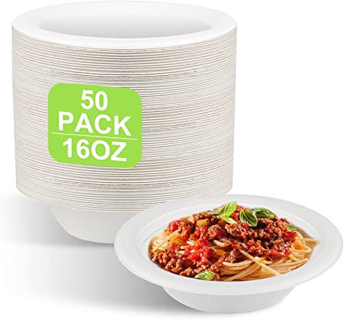 GREENESAGE 50 Pack Disposable Paper Bowls 16oz - Eco-Friendly, Sugarcane Strong White Bowls Biodegradable and Compostable Soup Bowls for Christmas Party BBQ Picnic