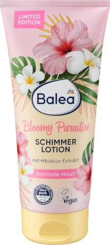 Balea Bloomy Paradise Schimmerlotion für einen strahlenden Teint, 200 ml | sommerlich blumiger Duft, goldender Schimmer, wie von der Sonne geküsst, luxuriös glänzende Bodylotion für jede Haut geeignet