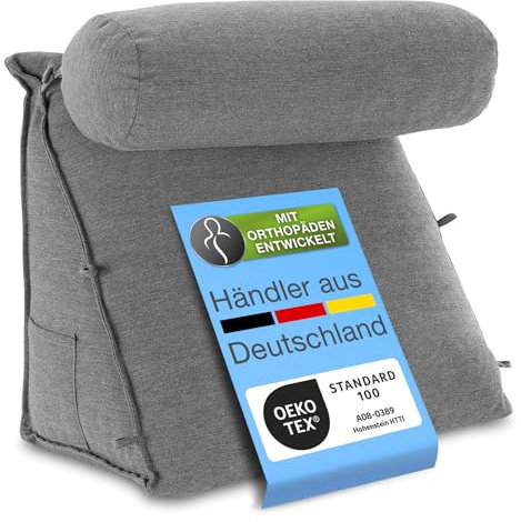 ELONEO Rückenkissen Bett/Sofa mit Abnehmbarer Nackenrolle und Seitentasche, Rückenstützkissen mit Nackenkissen, Bezug waschbar, Lesekissen, Bücherkissen, Rückenlehne