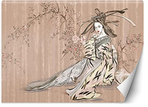 Feeby Papel Pintado abstracción geisha flor de cerezo 200x140 cm Rosa XXL Fotomurales Tejido No Tejido Decoración De Pared Moderna Decorativos Dormitorio Para la sala Japón Acuarela