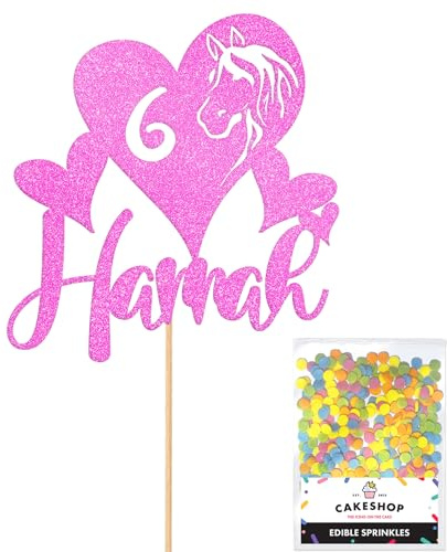 Personalised Horse Pony Love Heart Glitter Cake Topper - Light Pink Custom Age & Name Glitter Cake Decoration and Sprinkles - Happy Birthday Decorations - Personalised Toppers for Cakes by Cakeshop