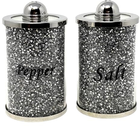 Fabulous Diamond Crushed & Crystal Filled Set of Salt & Pepper Storage Canister Unique Collection to Your Kitchen Decore (Silver Salt and Paper)