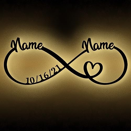 Urhome Unendlichkeitszeichen mit Herz Holz LED Warmweiß Stimmungslicht - Name Paar Datum personalisiert - Schlummerlicht Nachtlicht Liebes-Geschenk Wandleuchte für Braut zur Verlobung Hochzeitstag