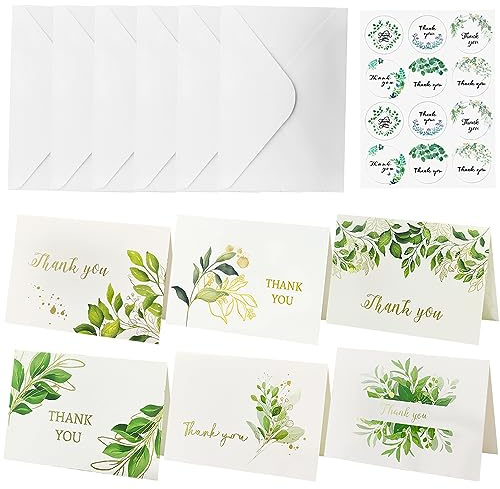 NECXON Confezione da 12 biglietti d'auguri di ringraziamento, biglietti di ringraziamento in stile foglia, confezione multipla con 12 buste e 12 adesivi per insegnanti, compleanni, matrimoni, laurea