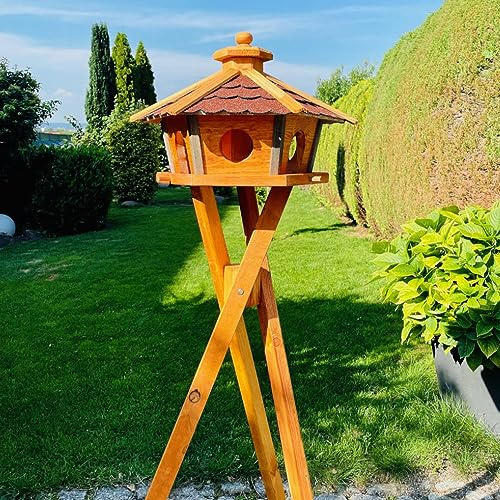 DARLUX Vogel Futter Haus L oder XL Sechseck Holz Vogelhaus Futterstelle Braun/Blau, Rot, Schwarz und Grün (Größe L mit Ständer, Rot - Braun)