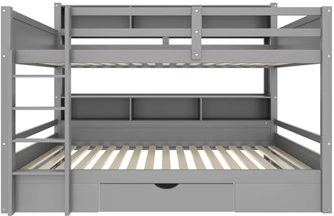 Azkoeesy Letto a castello per 2 bambini e ragazzi, 90 x 200 cm, letto per bambini con 2 ripiani da 2 metri/6 scomparti, cassetto, 2 reti e spazio di archiviazione, legno di pino, grigio