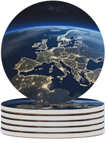 Keramikuntersetzer mit Motiv Earth from Space Europe, für Getränke, Set mit 6 hitzebeständigen, runden Tassenuntersetzern mit Korkboden für Küche, Zuhause, Küche, Party, Geschenk