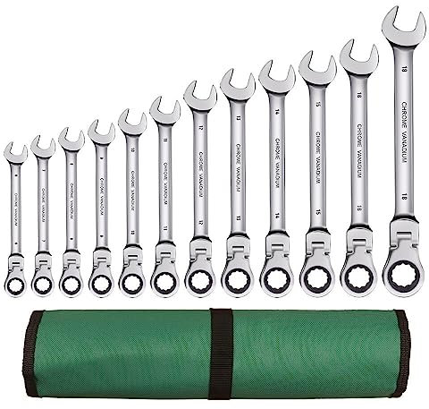 Llaves Fijas Con Carraca Juego de llaves de trinquete de cabeza flexible, llaves de trinquete de acero al cromo vanadio, juego de llaves combinadas con bolsa de lona Llaves Fijas ( Color : 12 pcs(6-18