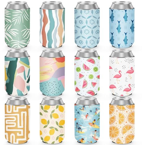 Paquete de 12 enfriadores de latas de neopreno aislados de verano a granel, soporte para botellas de playa y piscina, decoración de fiesta, regalos de cumpleaños para hombres y mujeres, regalos de