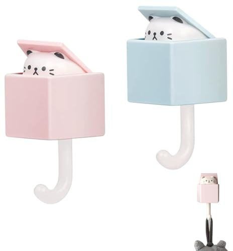SJDOFU Cat Key Hook, 2 Stück Katzen Schlüsselhalter Rosa Blau | Schlüsselhalter Plastik Klleiderhaken Selbstklebend Wandhaken Schlüsselhaken Tier Wasserfest Haken