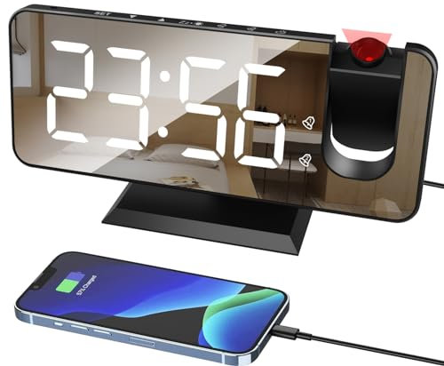Lancoon Reloj Despertador Digital Proyección en Techo Pantalla de Espejo LED 4 Dimmers Snooze Doble Ajuste de Alarma para Dormitorio Lado de la Cama Oficina Salida de Carga USB Negro-Blanco