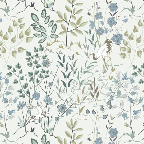 Timeet Peel and Stick Wallpaper White Floral 41CM×10M Waterproof Self Adhesive Vinyl Blue Flower Leaves Contact Paper Cream White Sticky Back Plastic Rmovable Vinyl Wrap for Funiture DIY Decoration