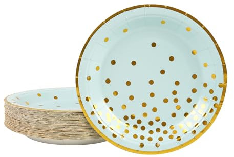 DHAIQC 50 Stück Pappteller Blau Gold 23 cm, Pappteller Geburtstag Blau mit Gold Gepunktete Partyteller Einwegteller Papierteller Kuchenteller Partygeschirr für Geburtstag Hochzeiten Jubiläums
