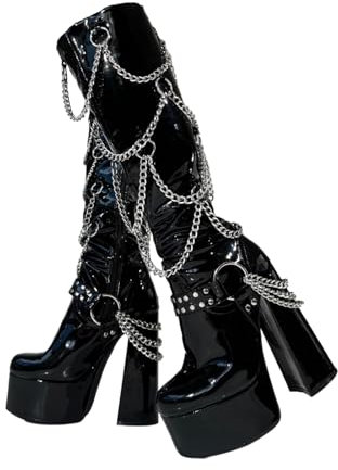 Frankie Hsu Goth Sexy Chunky Platform Stivali con tacco alto, nero vernice argento multi catena rivetti fibbia gotico, punk Y2K Hot Girl Big Large Size Wide Vitello scarpe per donne uomini, nero, 43