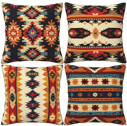 HOSTECCO Azteken Kissenbezug 45x45 4er Set Southwestern Boho Tribal Kissenbezüge Ethnisch Geometrisch Gemustert Dekorative Kissenbezüge für Sofa, Couch, Büro, Auto
