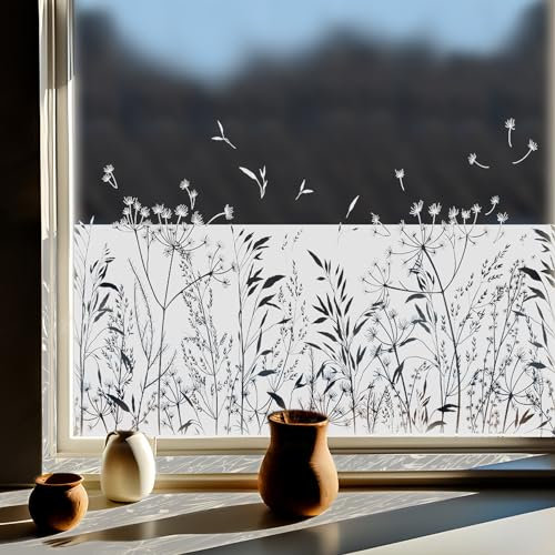 Funlife Fensterfolie Blickdicht, Blumen Glasfolie Selbstklebend, Weiß Pflanze Statische Fensterfolie Fenster Deko für Wohnzimmer Schlafzimmer Küche Bad, Wilde Wiese mit Löwenzahn
