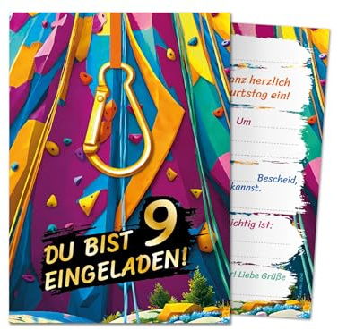JuNa-Experten 12 Einladungskarten zum 9. Kindergeburtstag Jungen Mädchen Klettern Kletterpark coole bunte Einladungen neunte Geburtstag