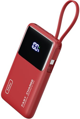INIU Batterie Externe Charge Rapide, Petit Power Bank Haute Vitesse 10000 mAh 45W PD, Câble USB-C Intégré, USB C in&Out, pour iPhone iPhone 16 15 14 13 Samsung S23 S22 Google Rouge