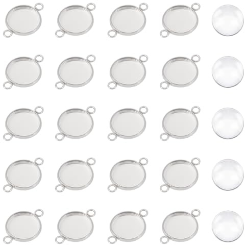 UNICRAFTALE Flache Runde Cabochon Anhängerrohlinge Kuppelfassungen Charms Tablett Edelstahlbasis Cabochon Charms Mit Glascabochons Für Die DIY Schmuckherstellung