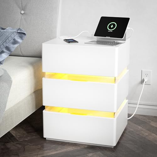 Bonnlo RGB LED Nachttisch mit Ladefunktion und USB-Anschlüssen, Kommode Weiß mit 3 Schubladen, Beistelltisch mit Steckdose aus Hochglanz-Spanplatte, 16 Farboptionen, 43 x 38 x 59 cm