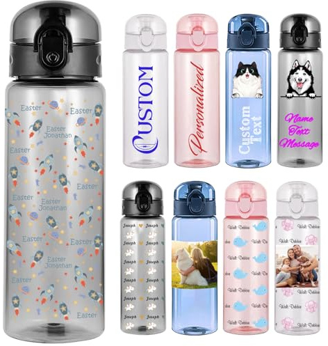 Xsersao Personalisiertes 780 ml Wasserflasche mit Foto & Name Transparente Sportflasche aus Kunststoff für Frauen Männer Kinder Fitness und Outdoor - Vollständiger Druck Schwarz