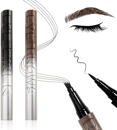 Boobeen Lápiz de Cejas Líquido Impermeable con 4 Puntas, 2-Pcs, Set de Delineador de Ojos y Lápiz de Cejas Microblading, Larga Duración a Prueba de Manchas, Crea un Maquillaje de Ojos Natural.