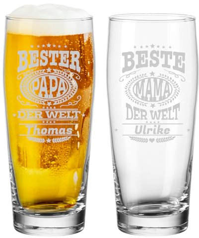 LUXENTU Bierglas mit Gravur, Willi Becher mit 0,5 Liter Eichung, Personalisierte Lasergravur mit Name & Muttertags-/Vatertags-Motiv, Geschenk für Mama und Papa, Spülmaschinengeeignet