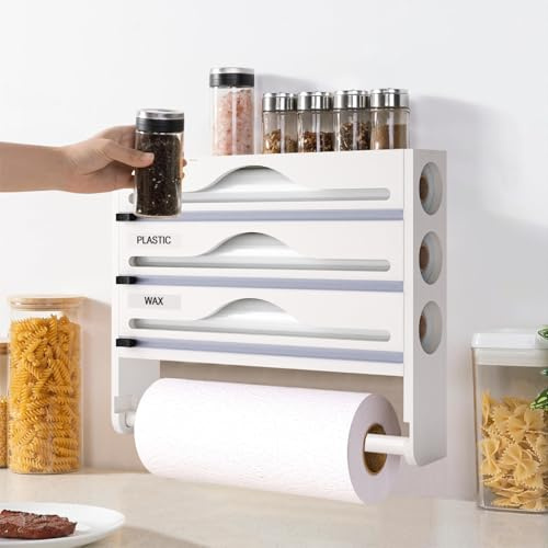 Porta Rotoli Alluminio e Pellicola da 12 Porta Spezie e Dispenser da Cucina con Taglierina Affilata