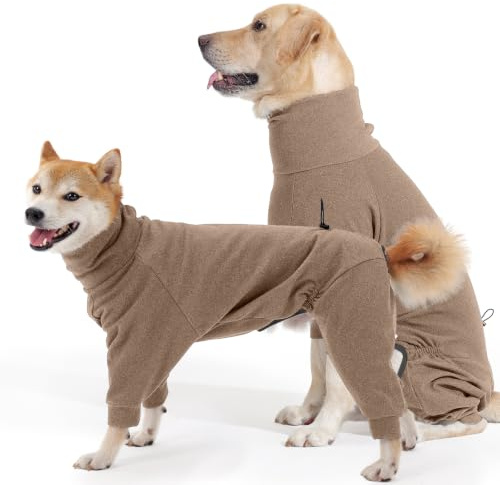 Hjyokuso Hundemantel Winter, Warmer Fleece Hundepullover mit Beinen, Weiche Vierbeinige Hundejacke für Kleine & Mittelgroße Hunde, Hundebademantel Fleece Hunde Pyjama Bekleidung Braun L