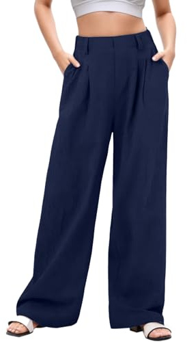 Neteson Pantalon Fluide Femme Eté Taille Haute Léger Pantalon à Jambe Large Chic et Elegant Elastique Ample Décontractée Travail Droit Pants Longueur avec Poches