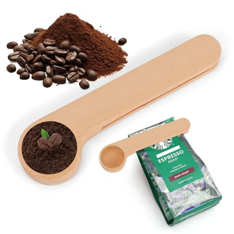 2-in-1 Wooden Coffee Scoop with Bag Clip - 1 Tablespoon Solid Beech Wood Measuring Scoop, Multipurpose Espresso Bags Sealer Measuring Spoon for Ground Beans, Espresso Coffee, and Loose Herb Tea