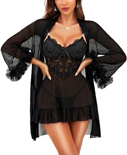 RSLOVE Women Sexy Lingerie Sets - Lace Nightwear Babydoll with Mesh Robe 2 Piece Set Without Thong Black XXL