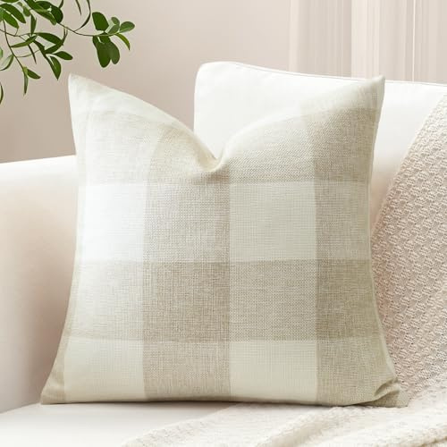 Sungeek 1 pièce Housse de coussin Buffalo Plaid Tartan, Housses de coussin décoratives à carreaux pour canapé, chambre à coucher, salon 45x45cm (Beige)