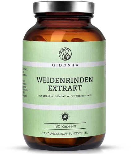 QIDOSHA® Weidenrindenextrakt mit 25% Salicin, 180 Kapseln im Apothekerglas, Wirkstoff-Gehalt in externem Labor testiert, 250mg je Kapsel, deutsche Fertigung