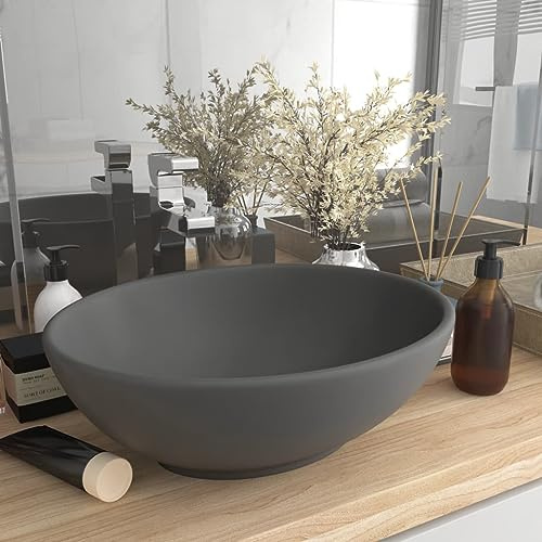 Lavabo da Appoggio Ovale, in Ceramica di Lusso con Finitura Opaca, Design Moderno per Bagno o Lavanderia, Colore Grigio Scuro, 40 x 33 cm